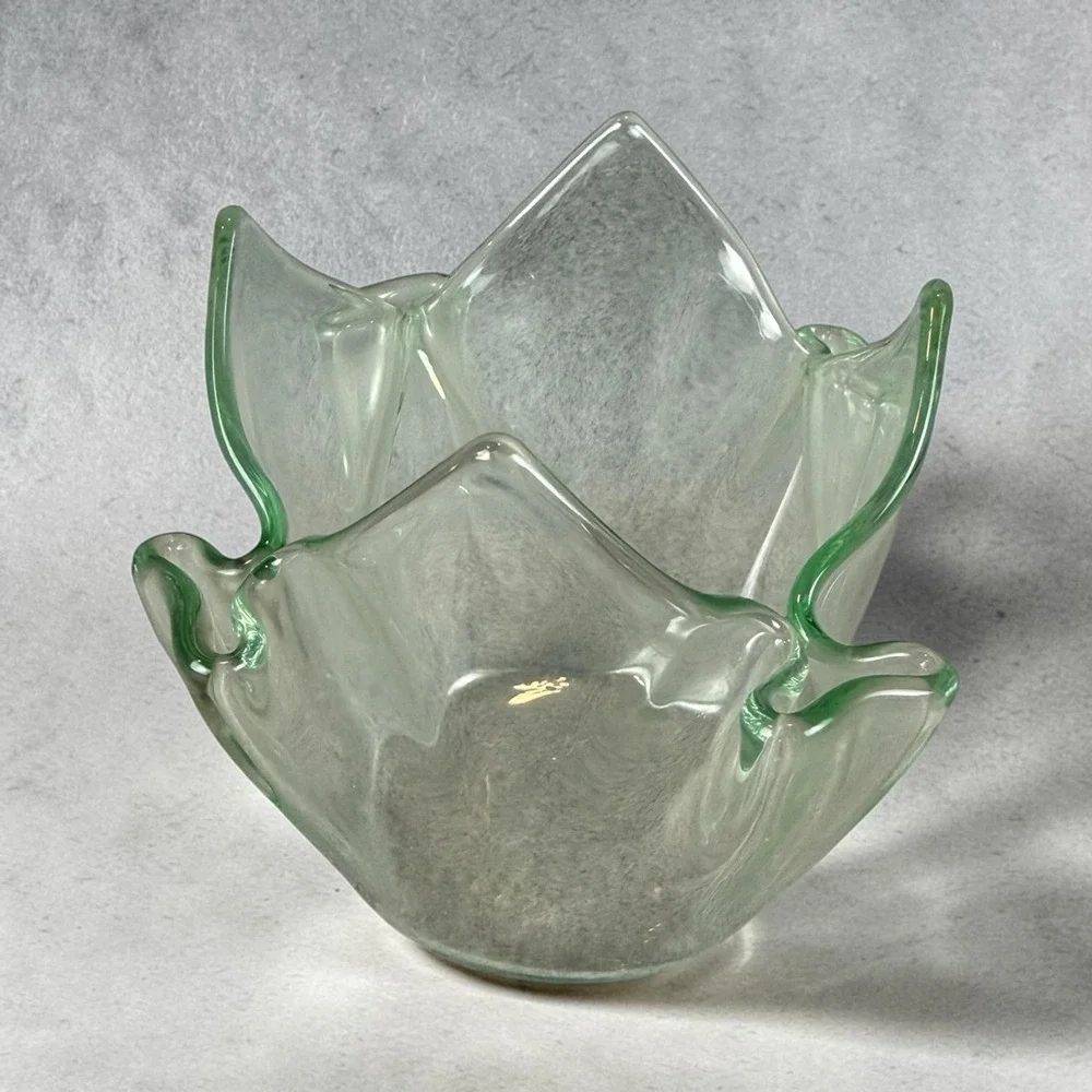 Green Rim Hand Blown Art Glass Tulip Fold Small Vase Votive Candle Holder Decor